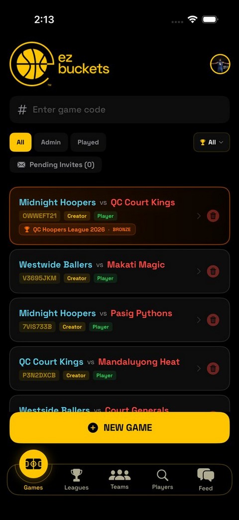 New Game button on the Games tab