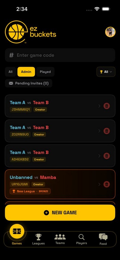 Games tab filtered to admin games