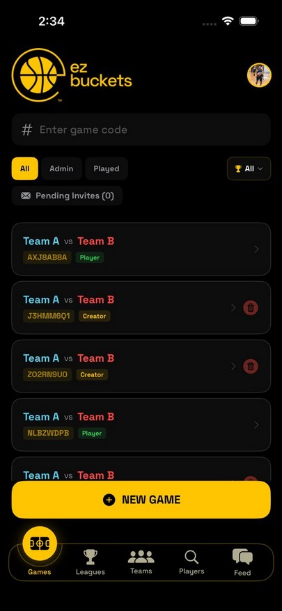 Games tab showing all games