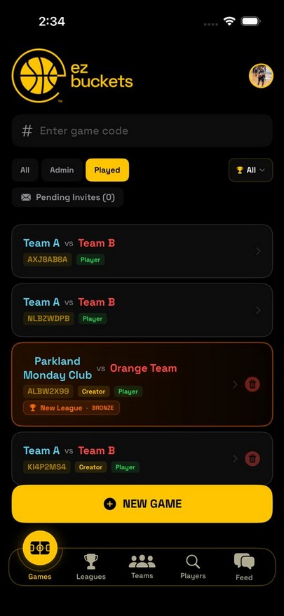 Games tab filtered to played games