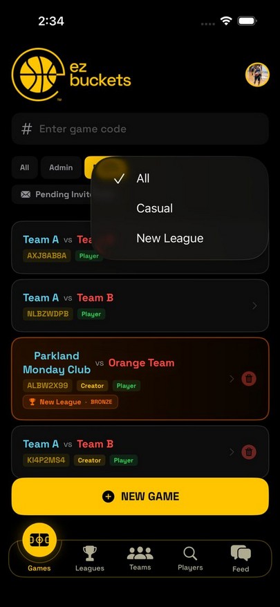 Game type and league filter