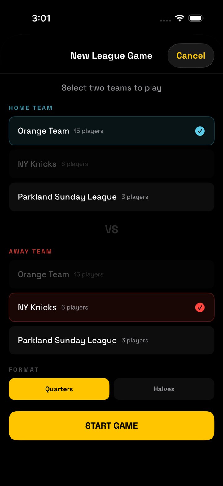 Selecting home team, away team and format