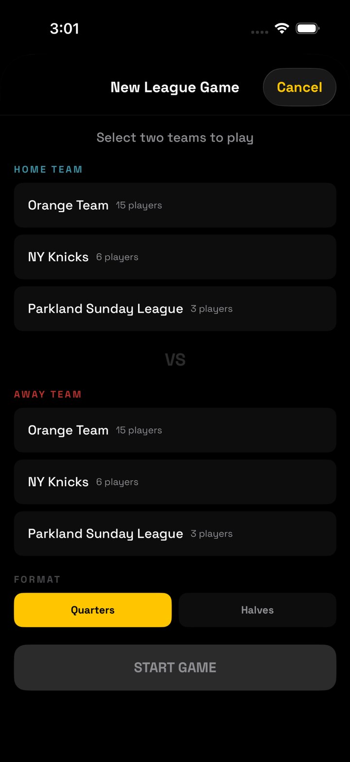 New League Game setup screen