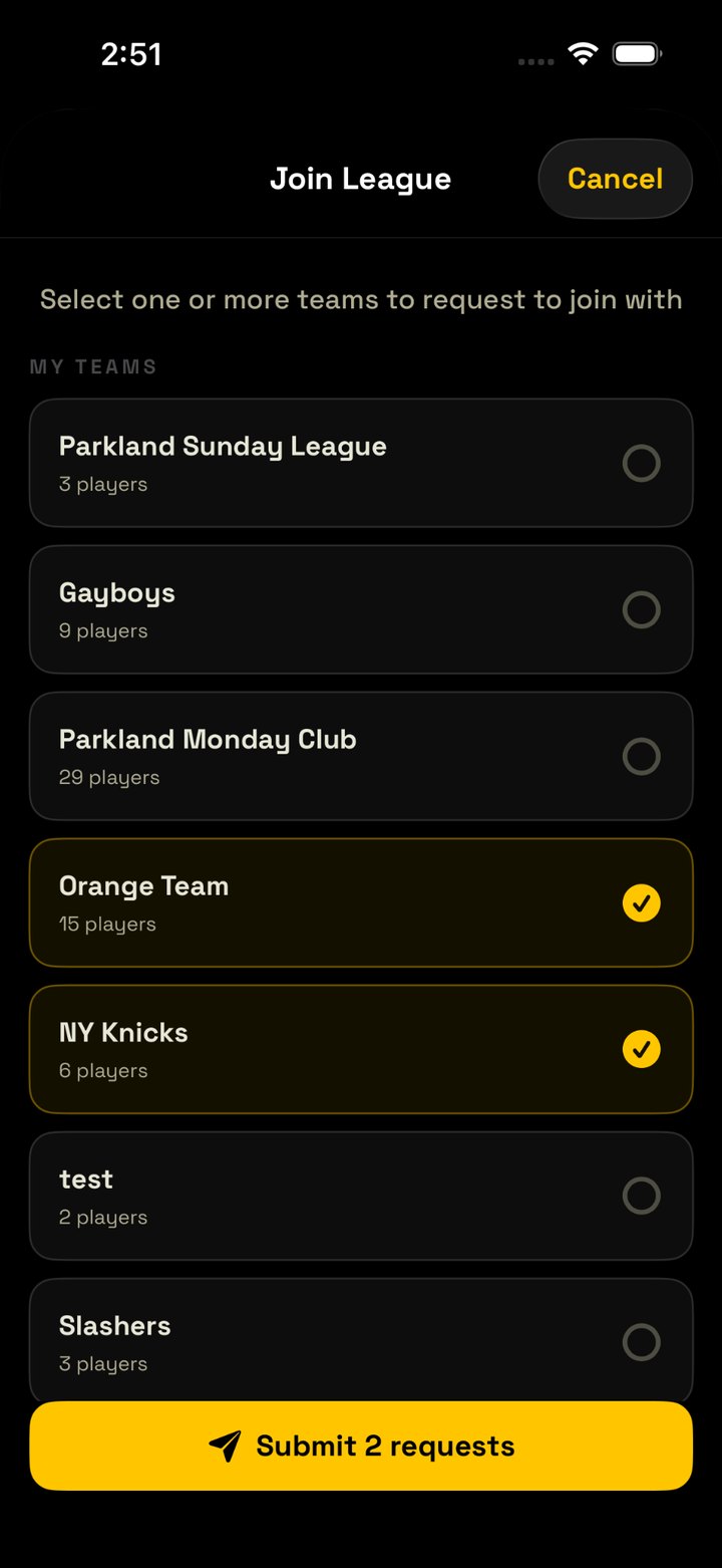 Selecting teams and submitting the request